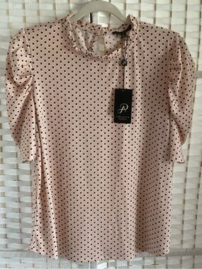 Adrianna Papell Pink Blush Top with Black Dot Ruffle Neck